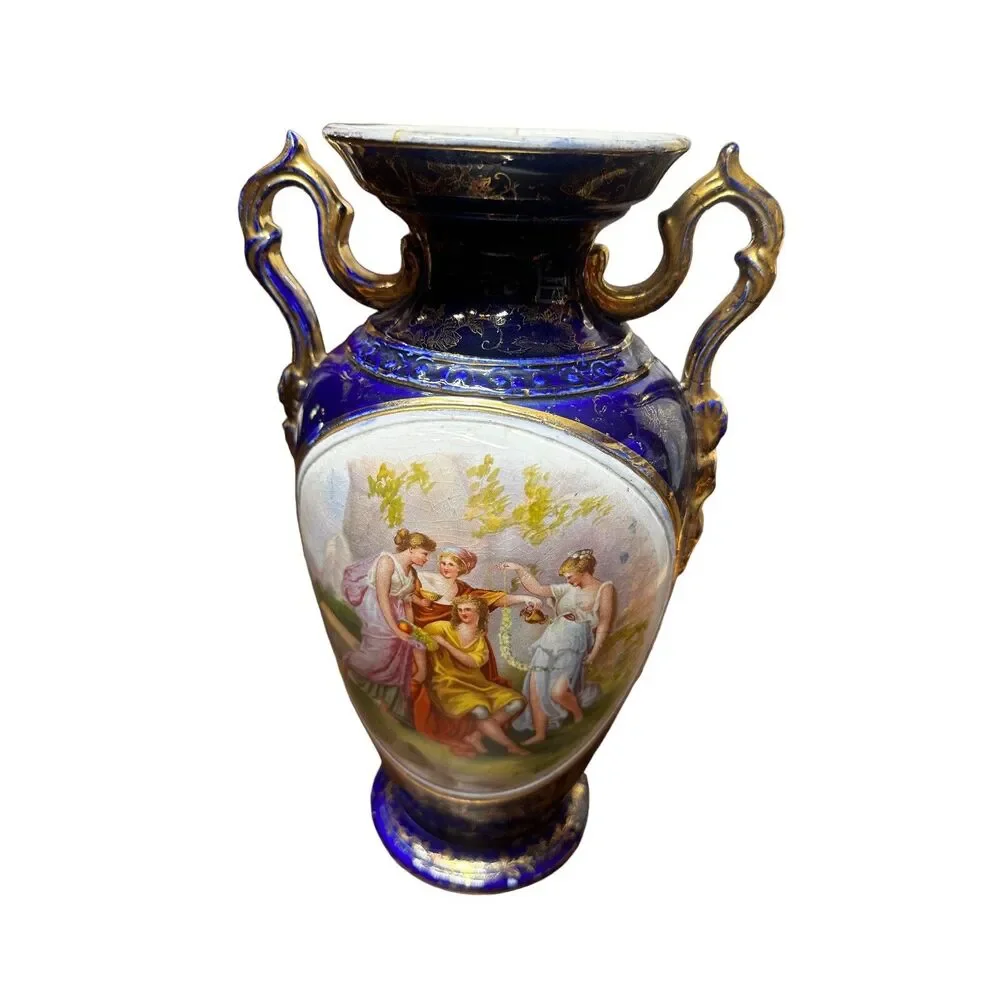 Antique Kaufmann Portrait Vase Cobalt Blue Victoria Austria Porcelain Signed
